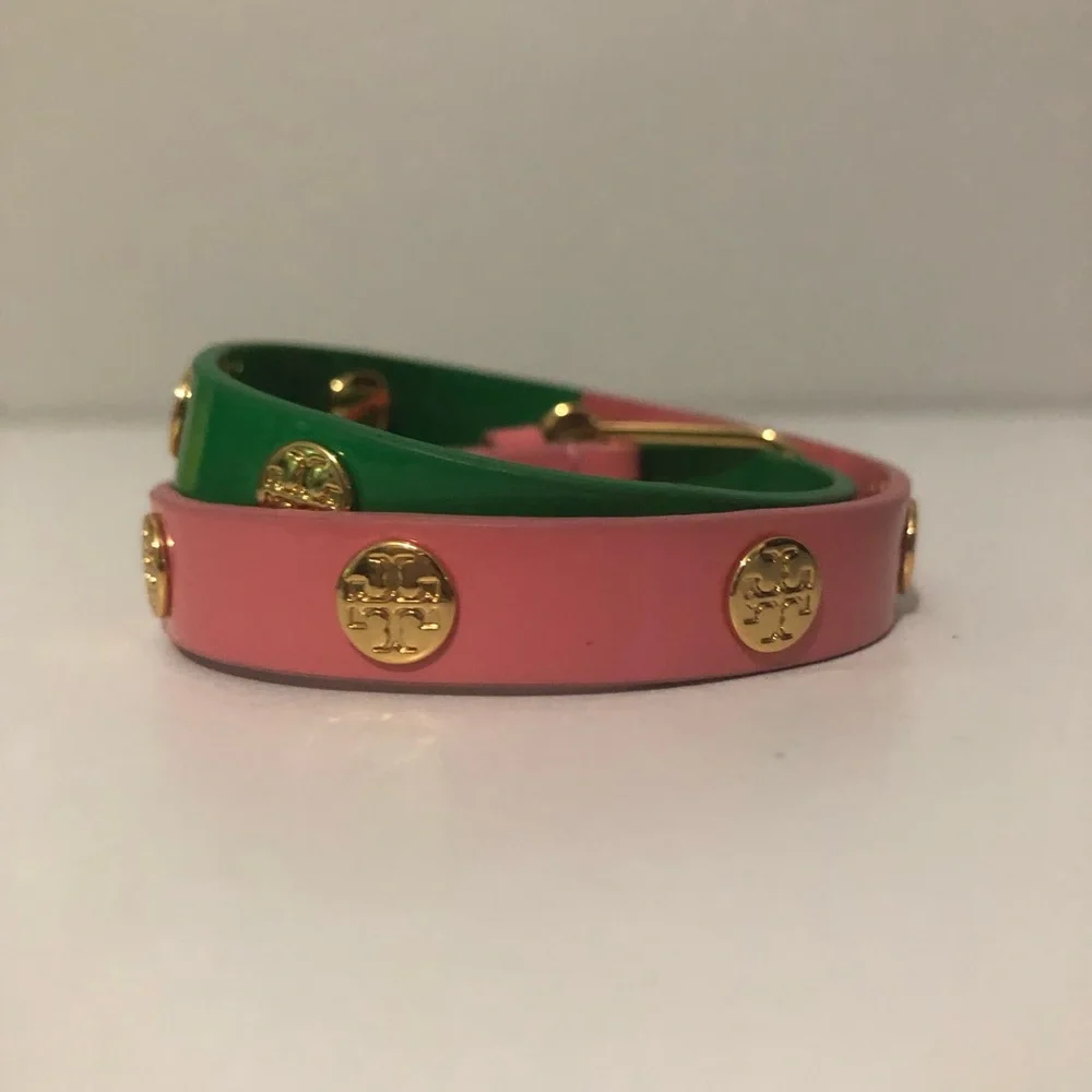Tory Burch Pink and Green Double Wrap Gold Logo Stud Buckle Bracelet